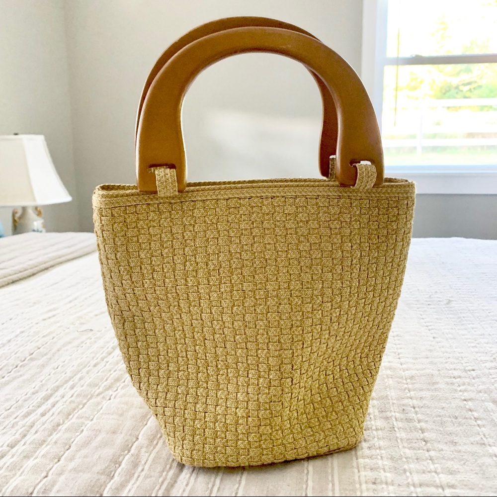 3/$20 Talbots woven bucket purse with wood handles